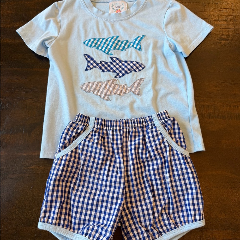 Children's Light Blue Shark Applique Matching Set